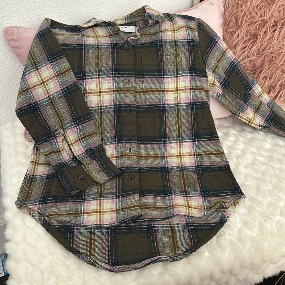Old Navy Girl’s Flannel Plaid Shirt Green, Size 5